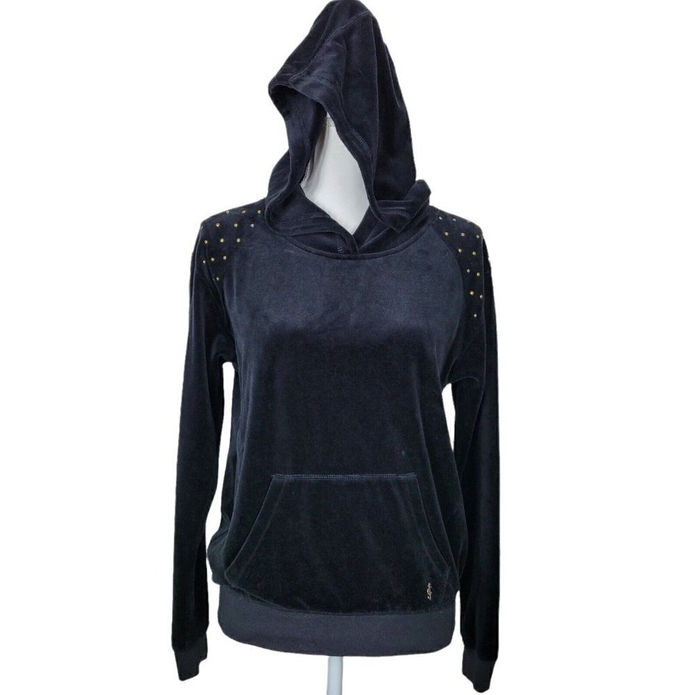 Juicy Couture Small Black Velour Hooded Pullover Top Gold Studs Kangaroo Pocket